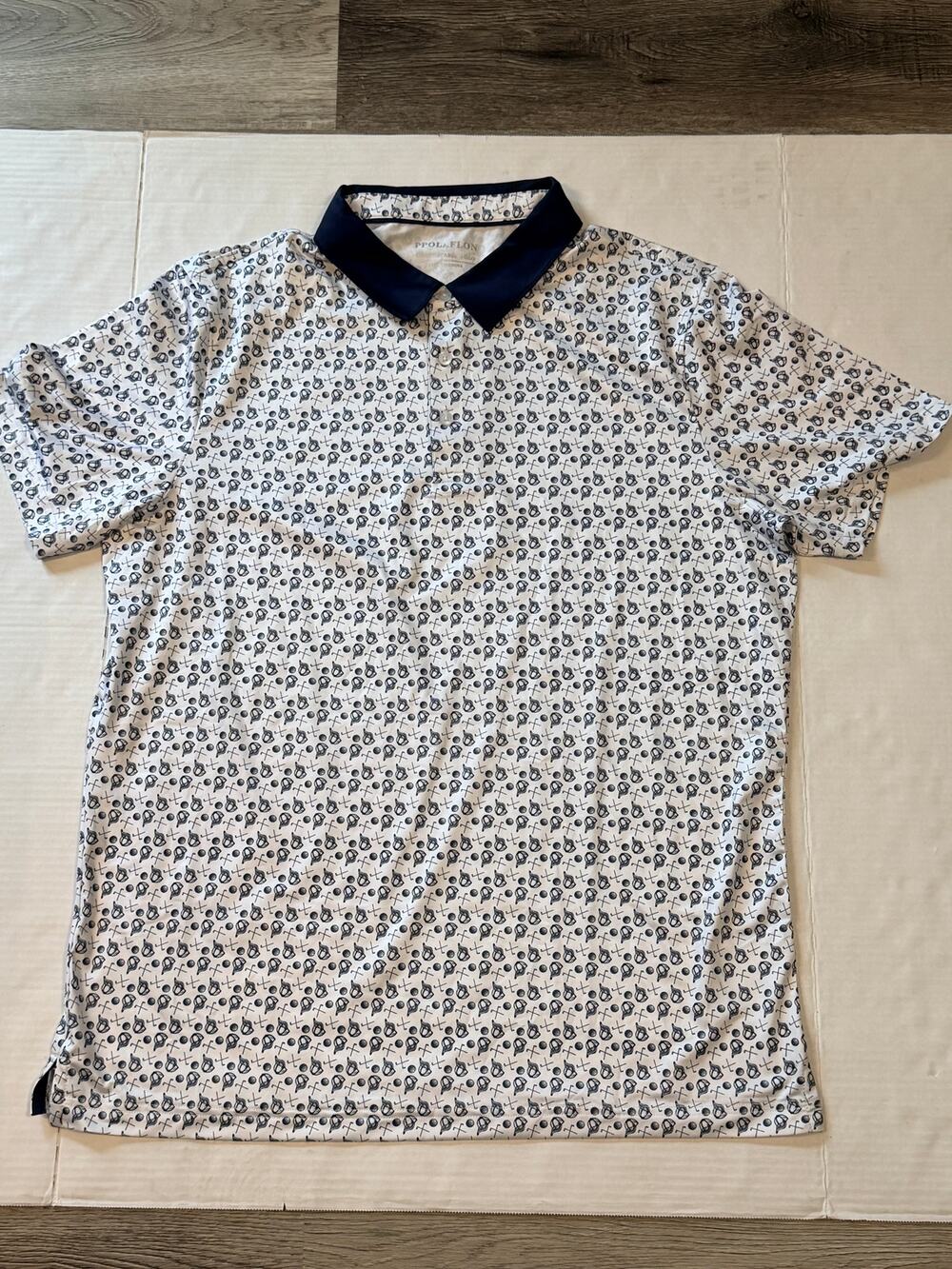 PPOLAFLON Golf Polo Shirt Mens Large White Blue All Over Print Performance
